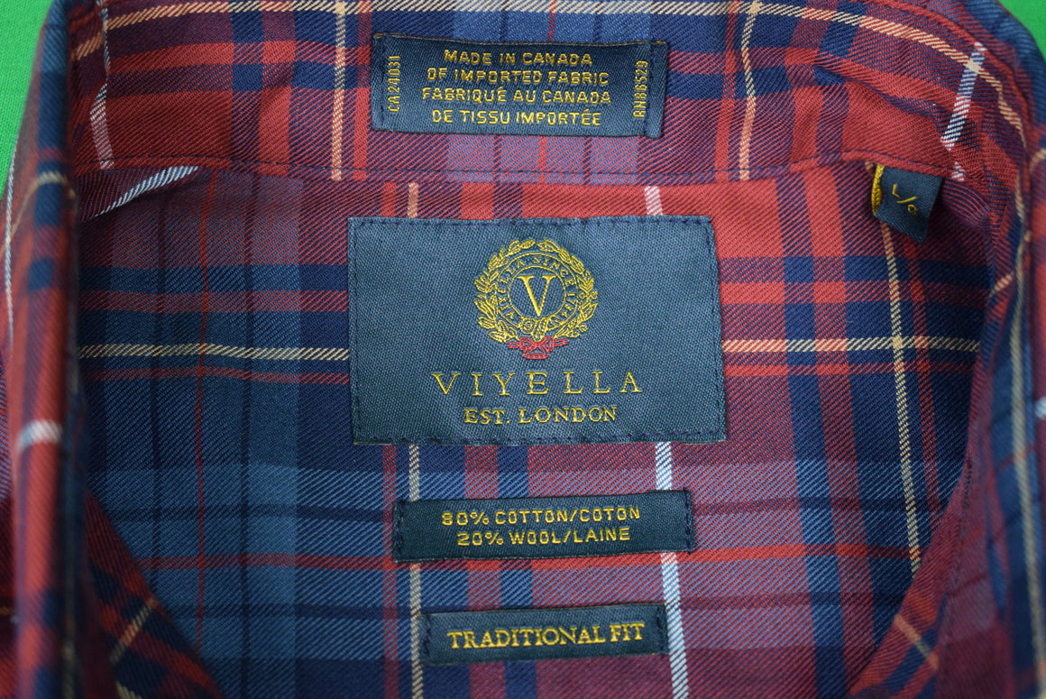 "Viyella Cotton/ Wool Maroon & Blue Plaid B/D Sport Shirt" Sz L (NWT)