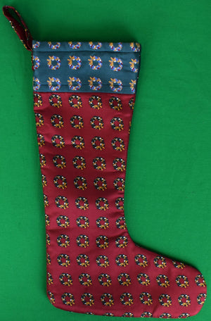The Andover Shop Red/ Green Tie Silk w/ Holly Wreath Christmas Stocking (New w/ Box)