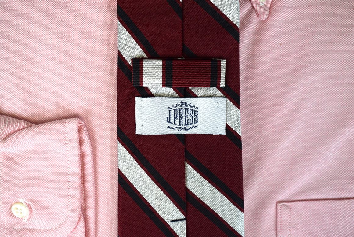J. Press Burg/ Silver/ Black Repp Stripe Silk Tie