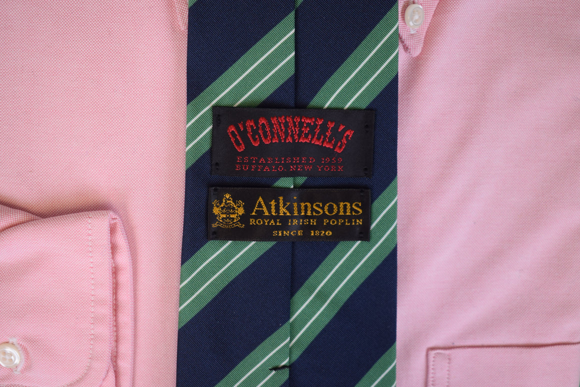 O'Connell's x Atkinsons Irish Poplin Wool/ Silk Navy w/ Green/ White Repp Stripe Tie (NWOT)