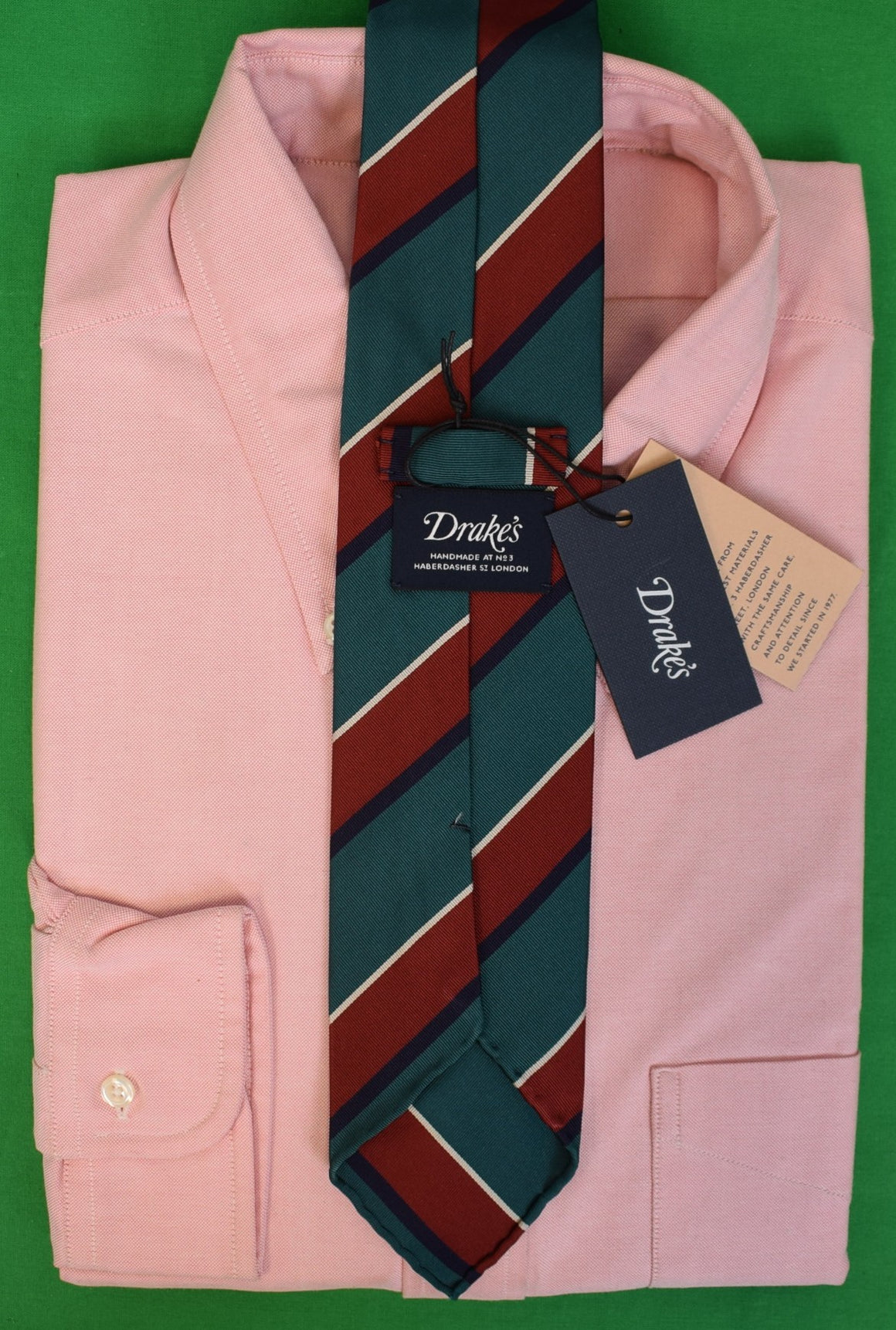 Drake's London English Green Silk/ Cotton w/ Burg/ Navy/ Silver Repp Stripe Club Tie (NWT)