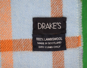 "Drake's Lambswool Sky Blue Windowpane Plaid Scarf Made In Scotland"