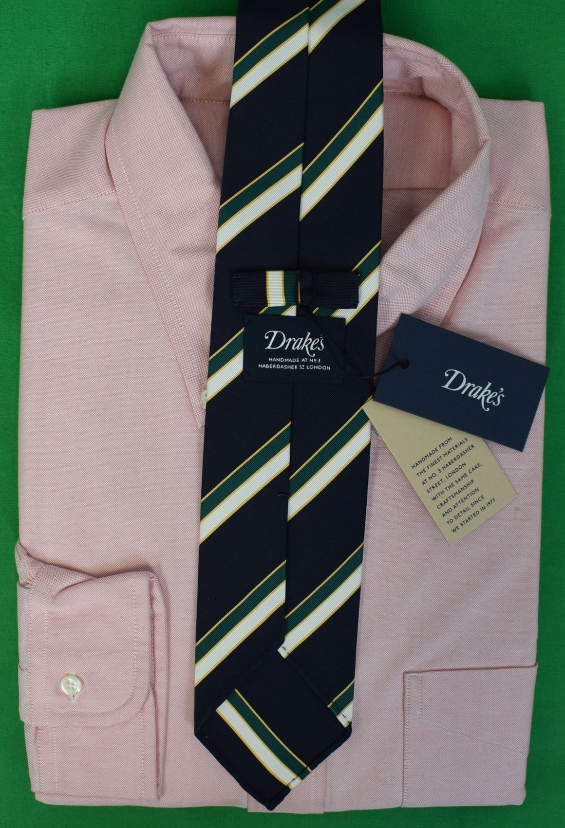 Drake's London English Navy w/ Green/ White/ Yellow Repp Stripe Silk/ Cotton Club Tie (NWT)