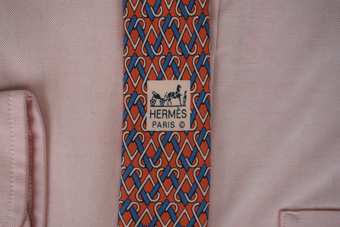 Hermes Paris Red w/ Blue Heart Print Silk Tie
