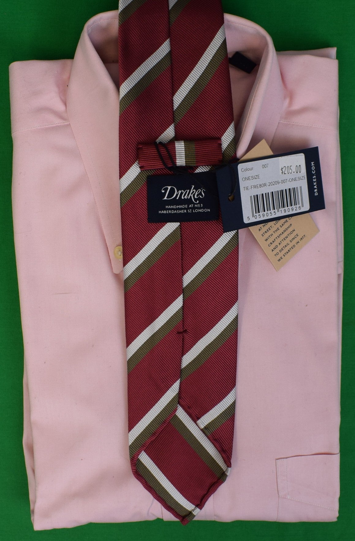 Drake's Made In England Raspberry w/ Khaki White Repp Stripe Silk Club Tie (NWT)