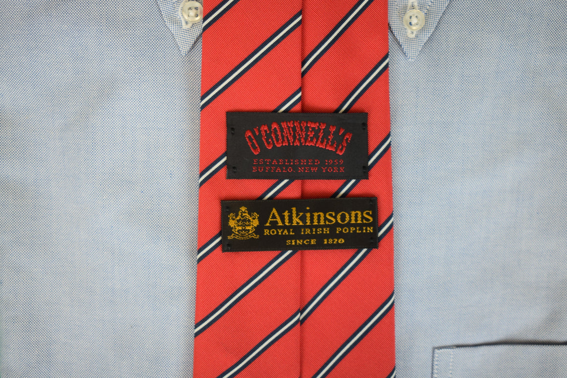O'Connell's x Atkinsons Royal Irish Poplin Wool/ Silk Red w/ Blue/ White Repp Stripe Tie (NWOT)