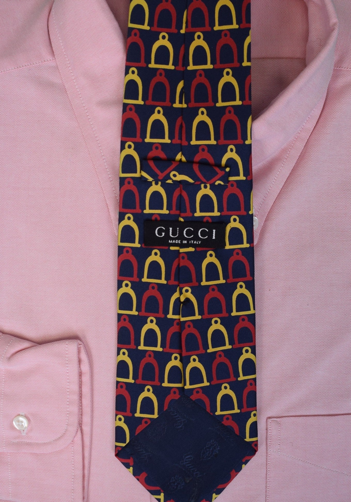 Gucci Of Italy Navy w/ Red & Gold Stirrup Motif Silk Tie