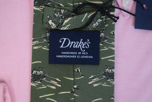 "Drake's Olive Silk Rowing/ Sculling Motif Print Tie Made In England" (NWT)