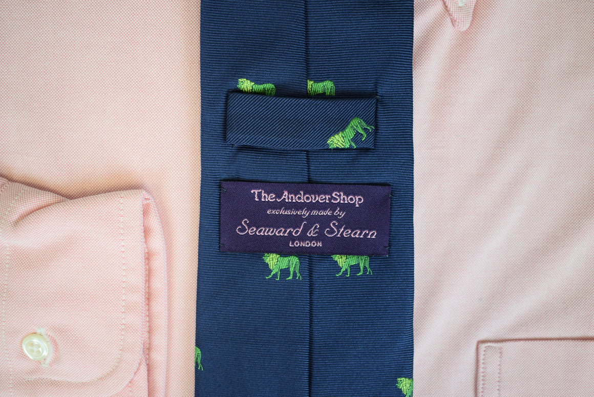"The Andover Shop x Seaward & Stearn Navy Silk Tie w/ Lime Lions" (NWOT) (SOLD)