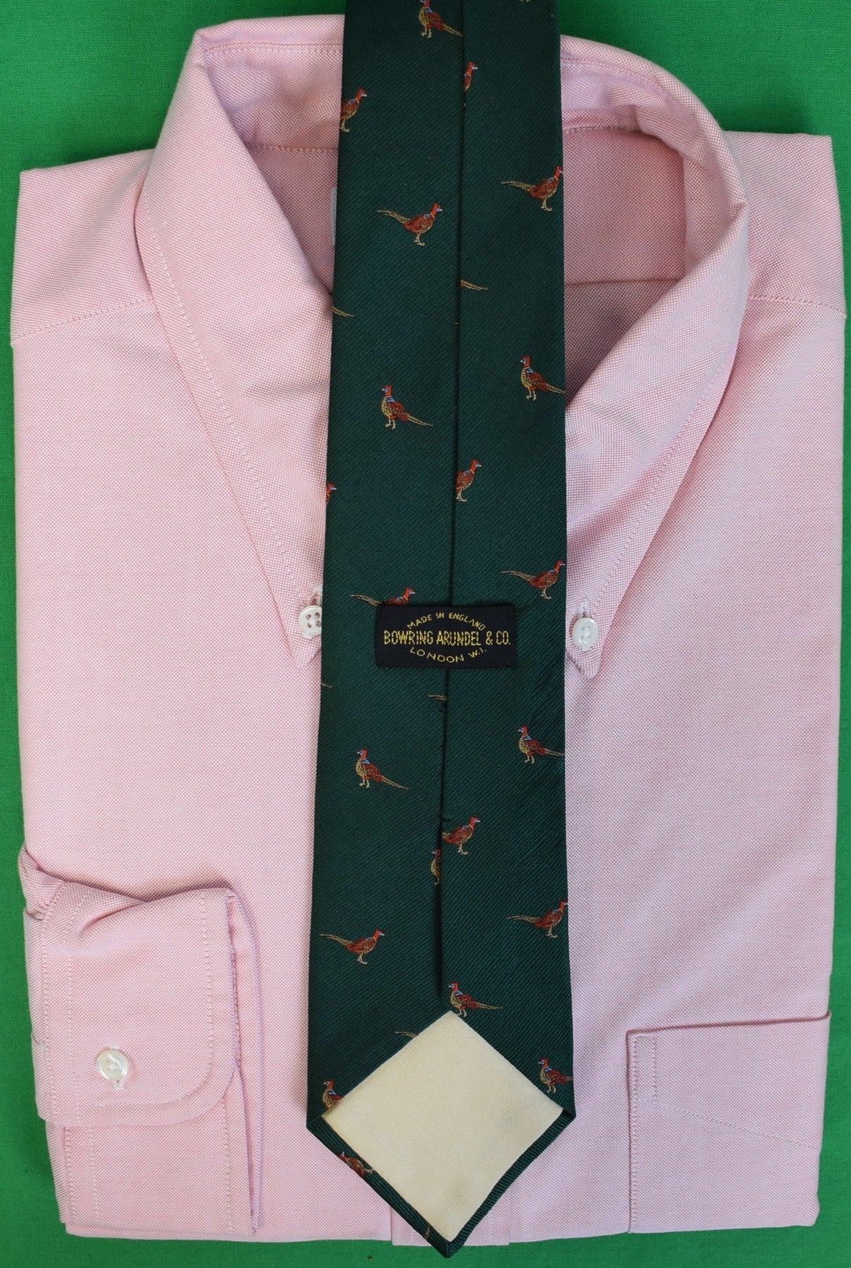 Bowring Arundel & Co. Hunter Green English Silk Pheasant Print Club Tie