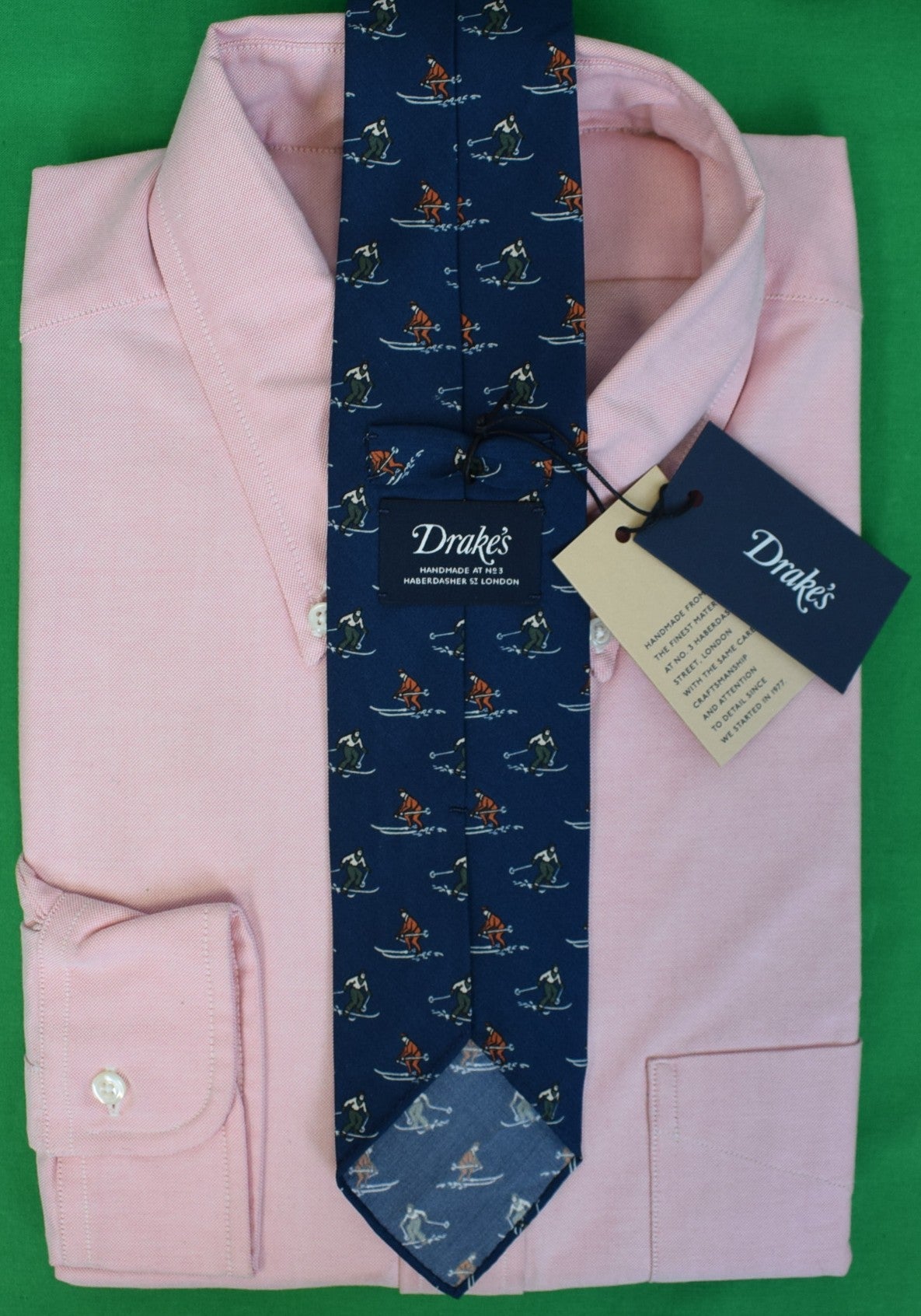 Drake's London English Navy Silk w/ Red/ Green Skier Print Club Tie (NWT)