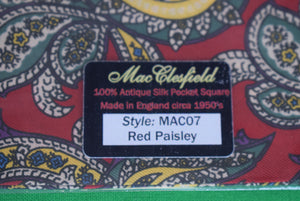 "Macclesfield Red Paisley Antique English Silk c1950s Pocket Square"