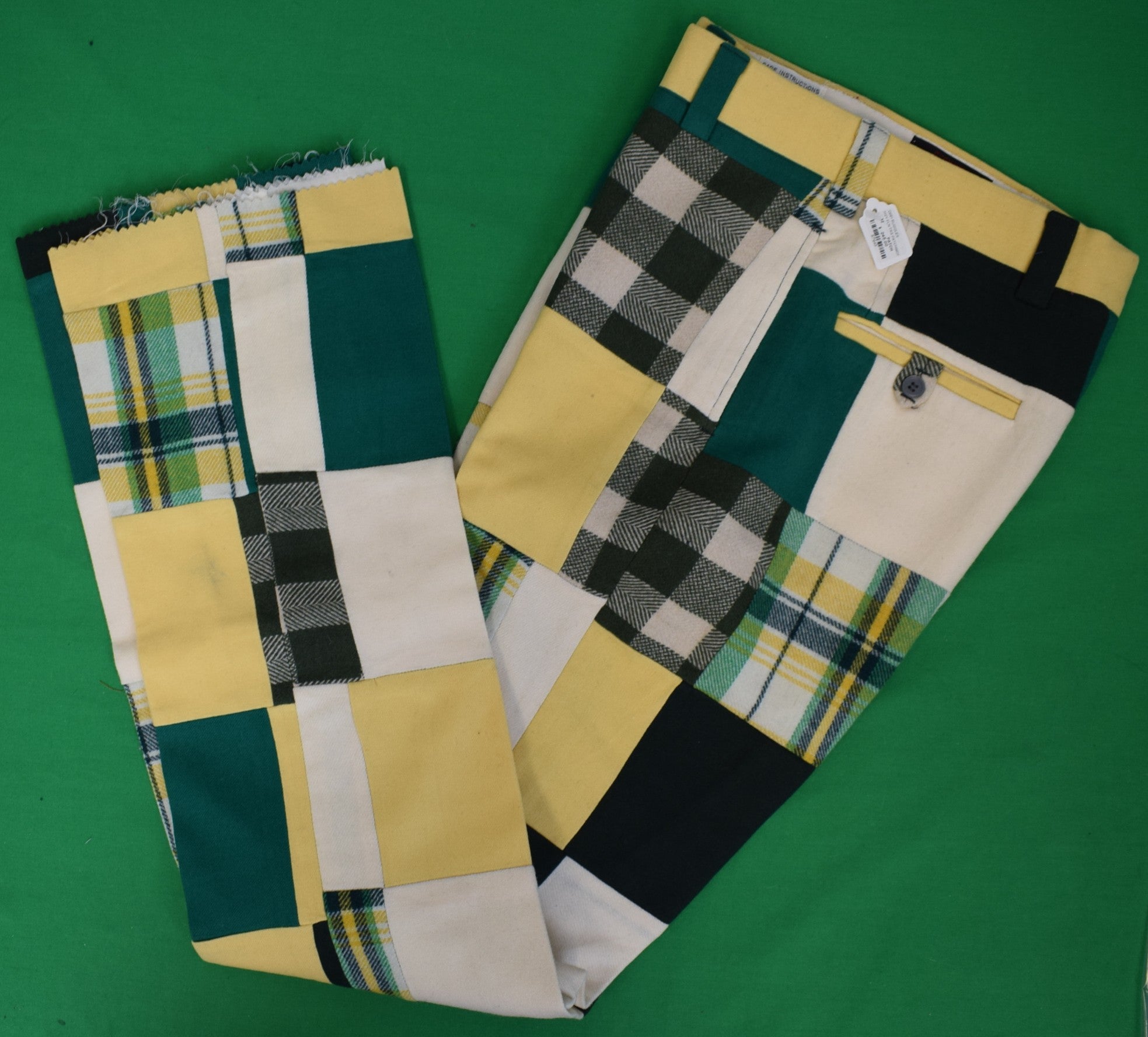 "O'Connell's Vintage Heavy Flannel Patchwork Plaid Green/ Yellow/ Winter White Lined Trousers" Sz 32 (NOS)