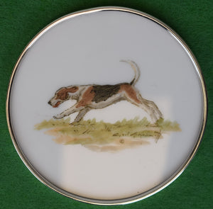 "Set x 2 Cyril Gorainoff Fox-Hunter & Hound Milk Glass Coasters w/ Sterling Silver Rims"