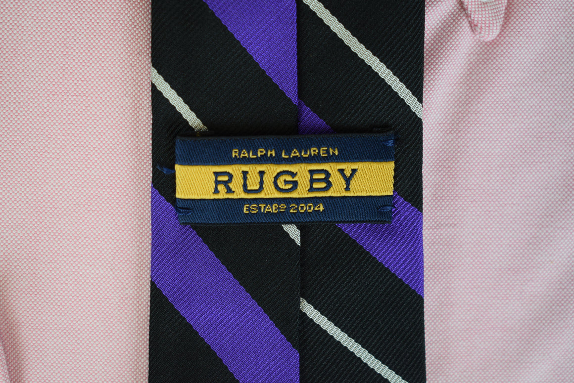 "Rugby Ralph Lauren Purple/ Black/ Silver Repp Stripe Italian Silk Crest Tie"