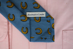 "Drake's London Slate Blue Wool Challis Horseshoe Print Tie" (NWT)