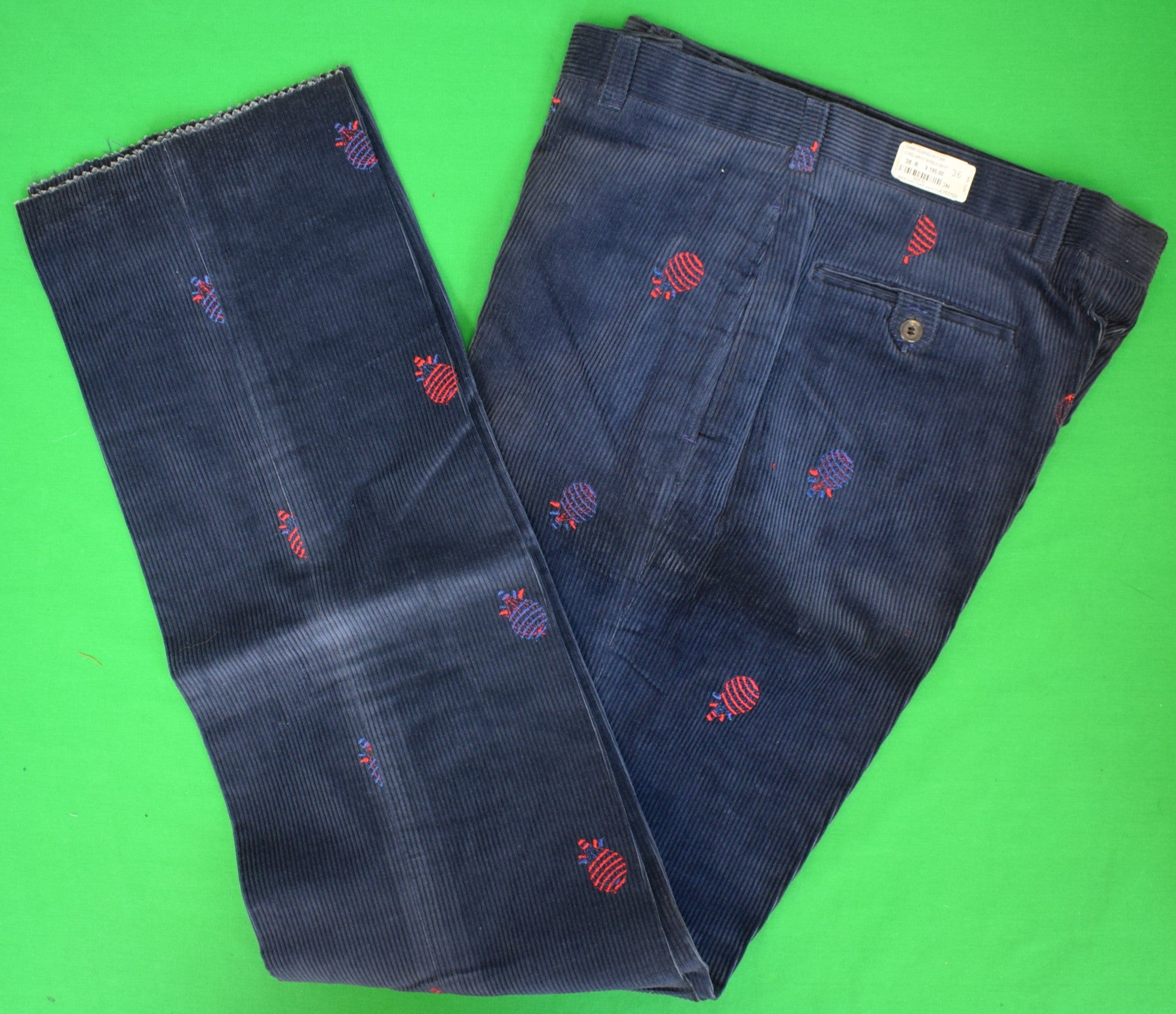 "O'Connell's Vintage Navy Corduroy w/ Red Hot Air Balloon Embroidered Trousers" Sz 36 (NOS)