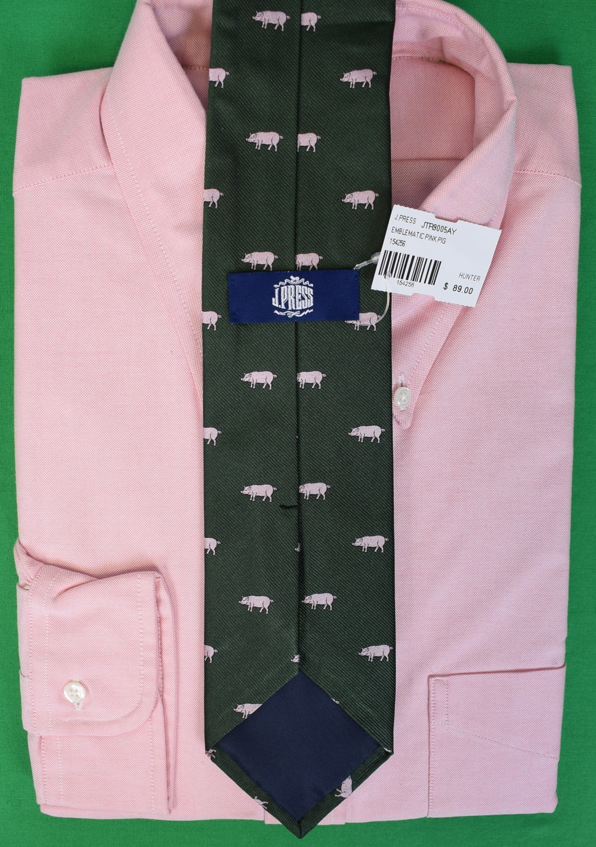 J. Press Made-in-Ireland Green w/ Pink Pigs Club Tie (NWT & Gift Box)