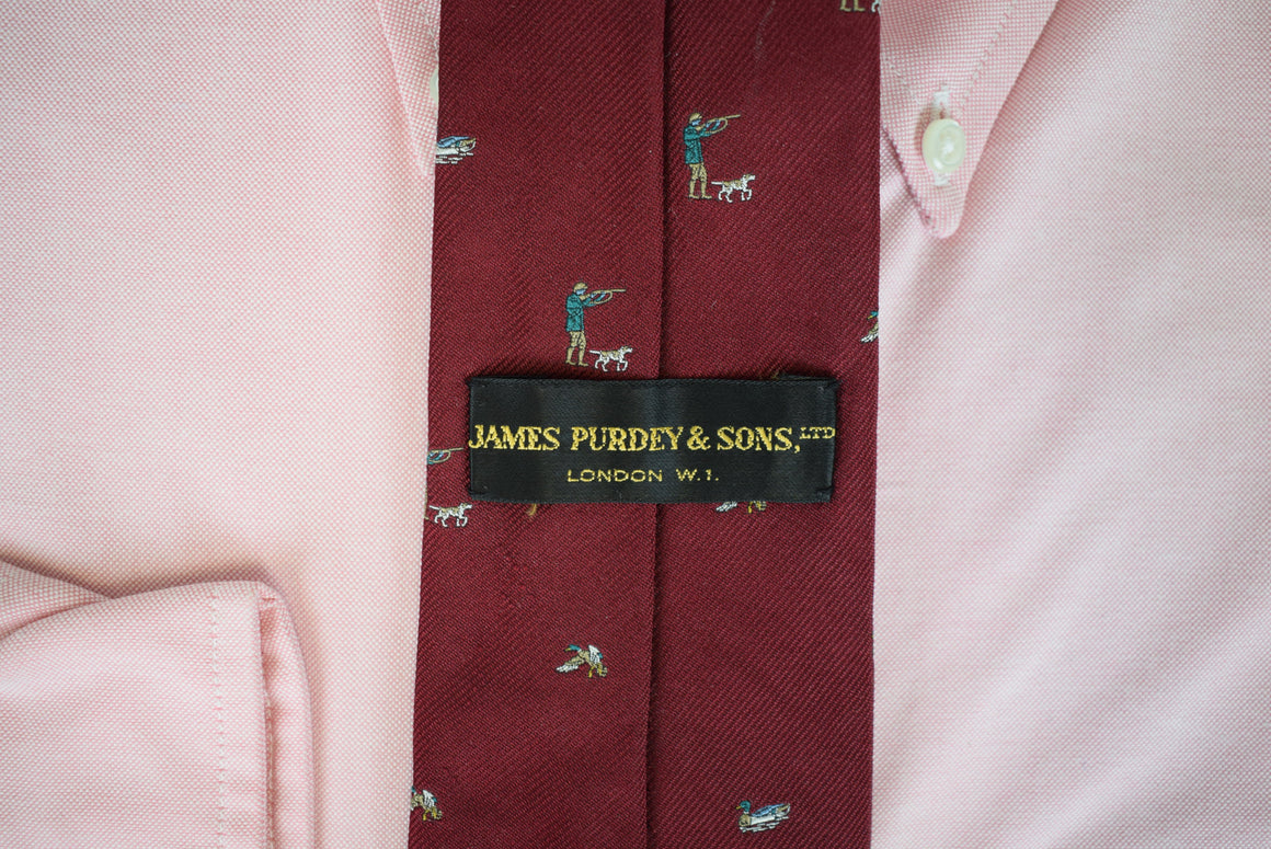 James Purdey & Sons Burgundy English Silk w/ Duck Hunter Club Print Tie