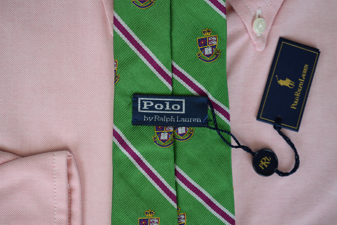 "Polo Ralph Lauren Green Repp Stripe Club Crest Silk Boy's Tie" (NWT)