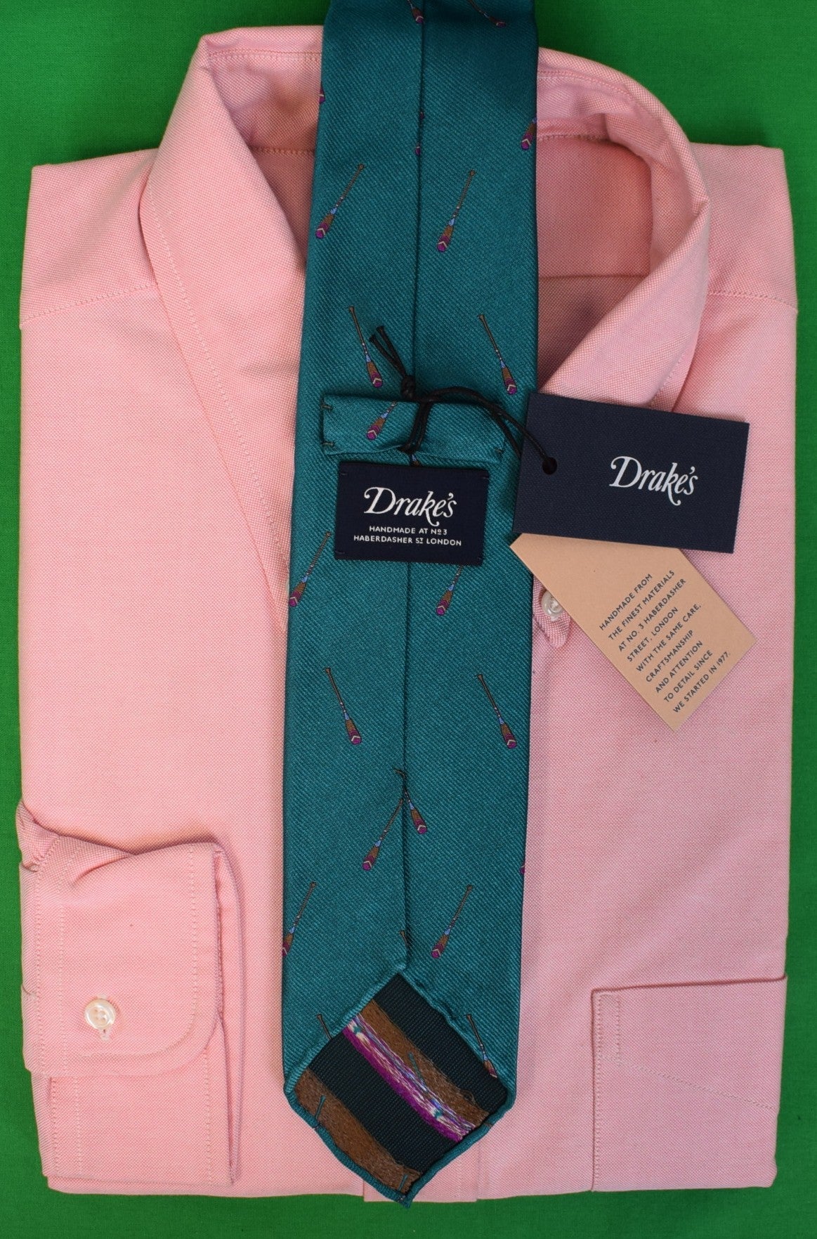 "Drake's London English Teal Silk Club Tie w/ Oars Print" (NWT)