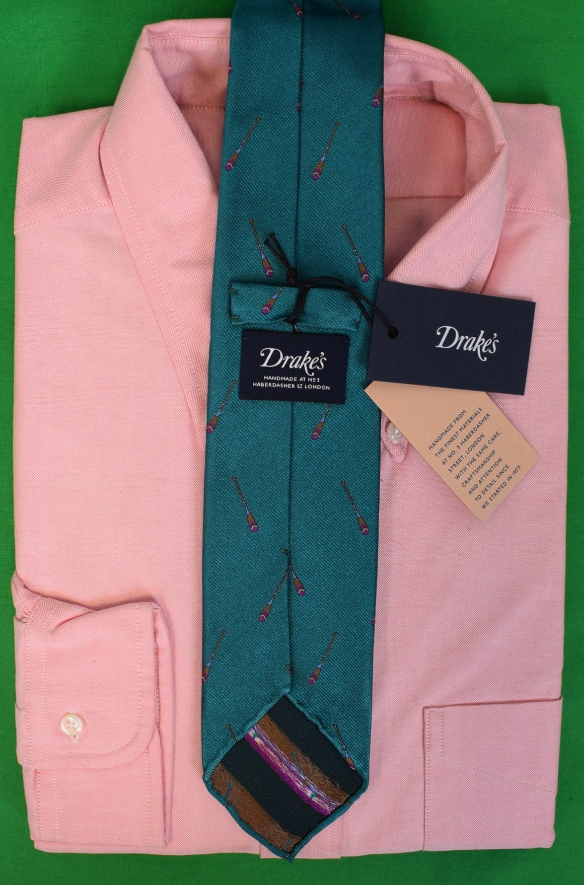 "Drake's London English Teal Silk Club Tie w/ Oars Print" (NWT)