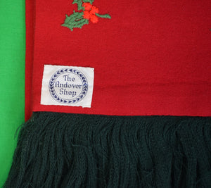 "The Andover Shop Red Flannel Holly Embroidered Wool Scarf w/ Green Fringe"
