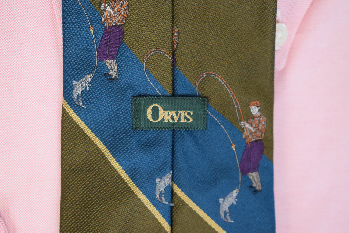 "Orvis Fly Fisherman w/ Olive/ Blue Repp Stripe English Silk Tie"