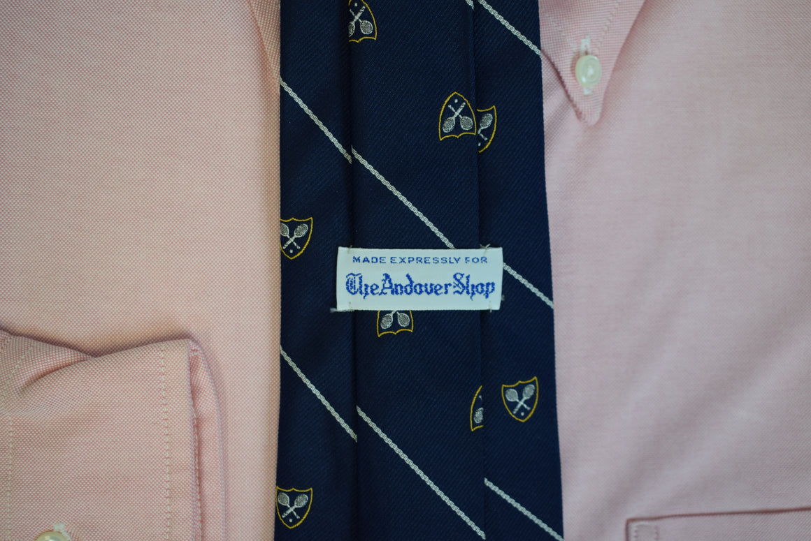 The Andover Shop Navy Silk Club Stripe Tie w/ Tennis Racquet Crest Emblem