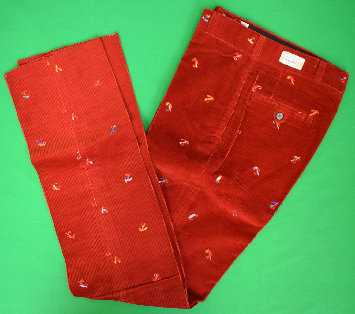 "O'Connell's Vintage Russet Corduroy Trousers w/ Embroidered Trout Fly Motifs" Sz 33 (NOS)