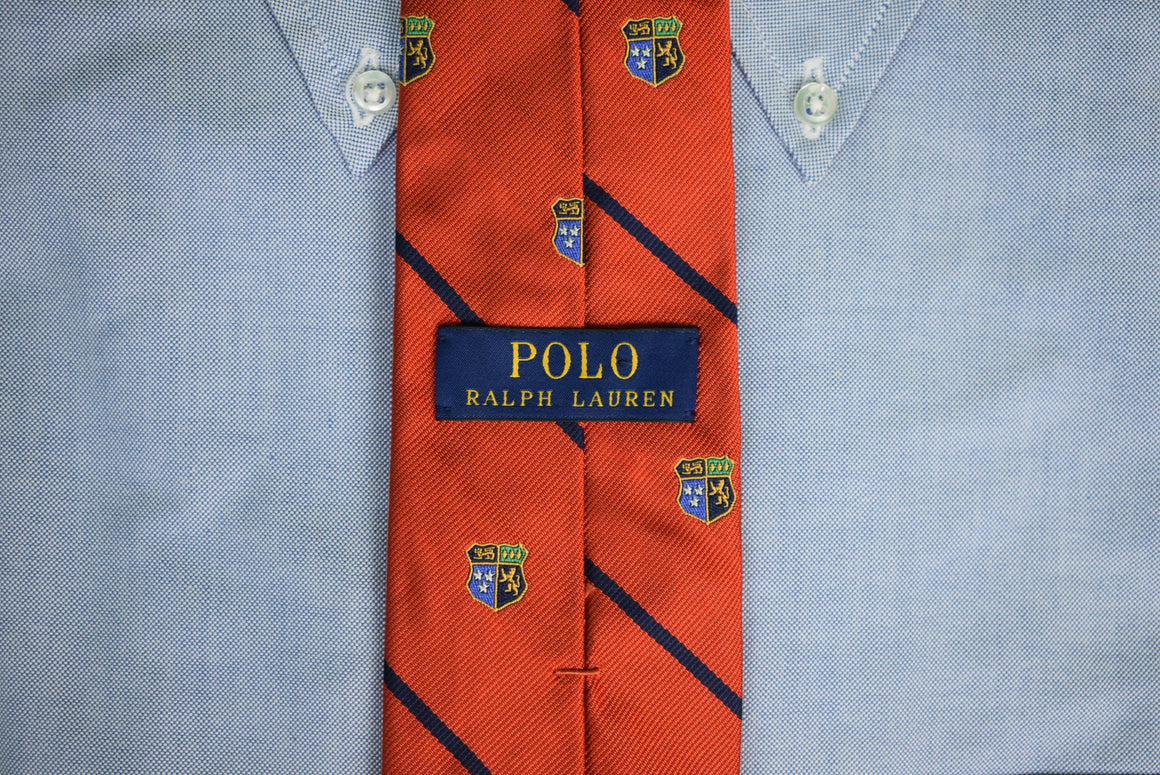 Polo Ralph Lauren Orange/ Navy Stripe w/ Heraldic Crest Italian Silk Tie