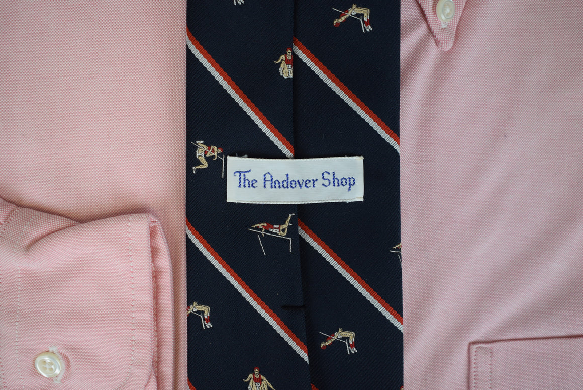 The Andover Shop x Robert Talbott Navy w/ Red/ White Stripe English Silk/ Poly High Jumper Club Tie