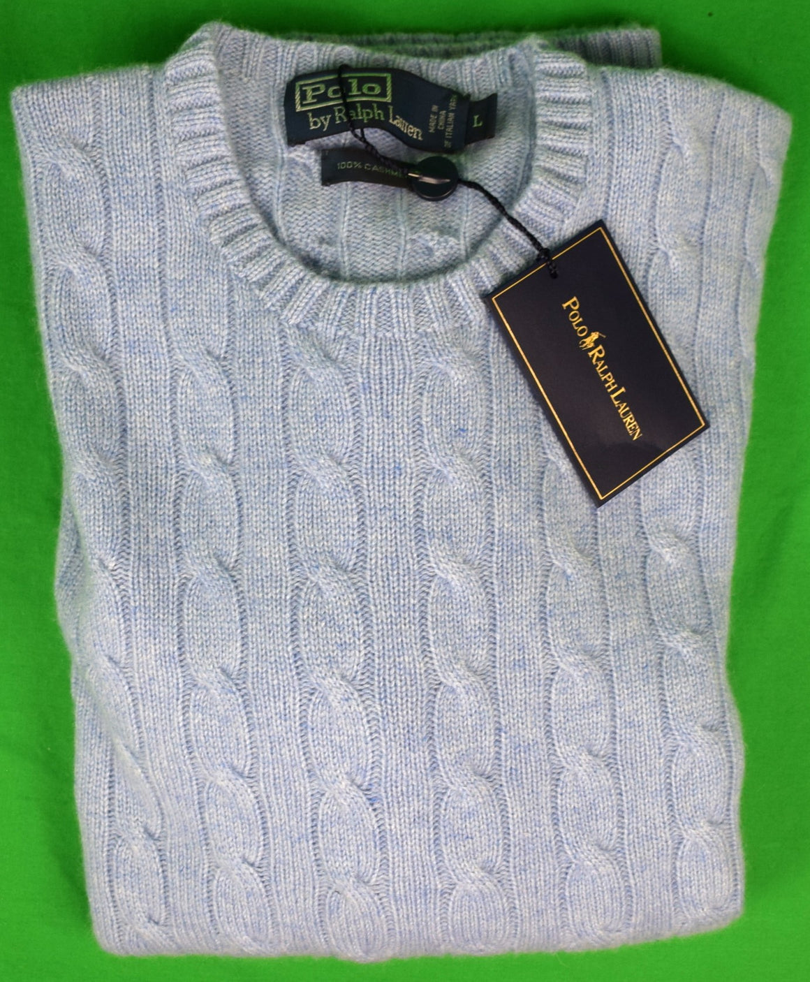 Polo Ralph Lauren Sky Blue Cashmere Cable Crewneck Sweater Sz L (New w/ PRL Tag)
