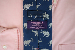 O'Connell's x Seaward & Stearn Navy English Woven Club Tie w/ Silver Elephant Print