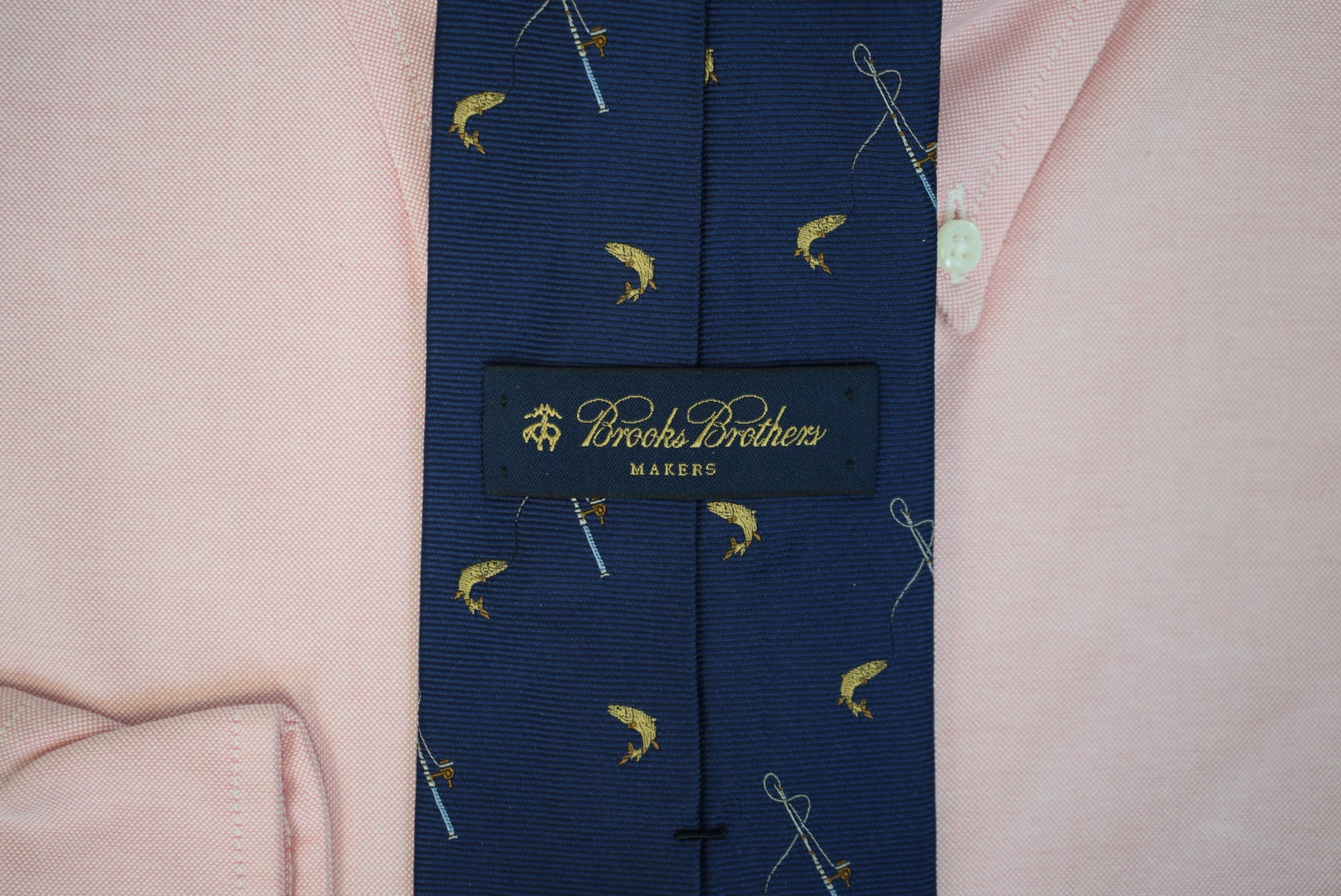 Brooks Brothers Navy Silk Club Tie w/ Leaping Trout & Fly Rod/ Reel Motif