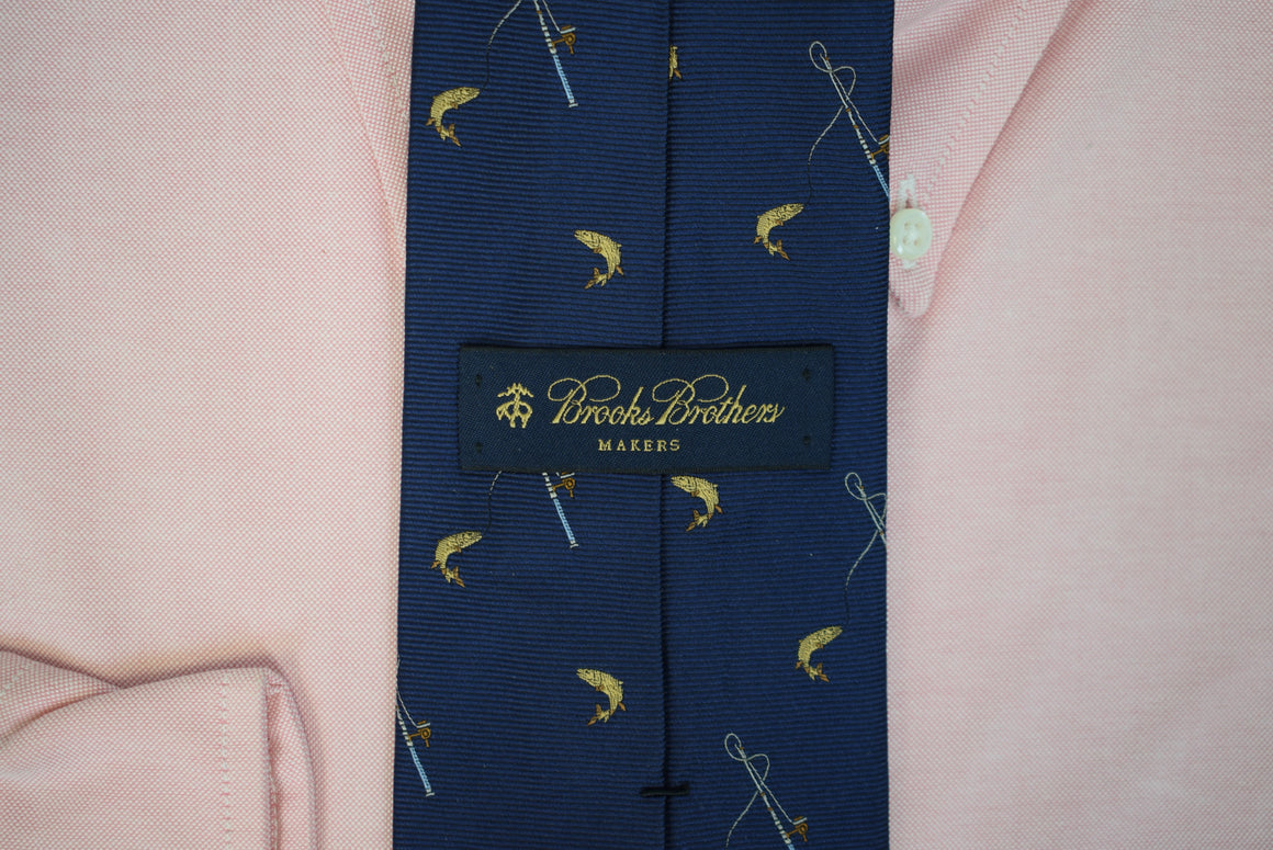 Brooks Brothers Navy Silk Club Tie w/ Leaping Trout & Fly Rod/ Reel Motif