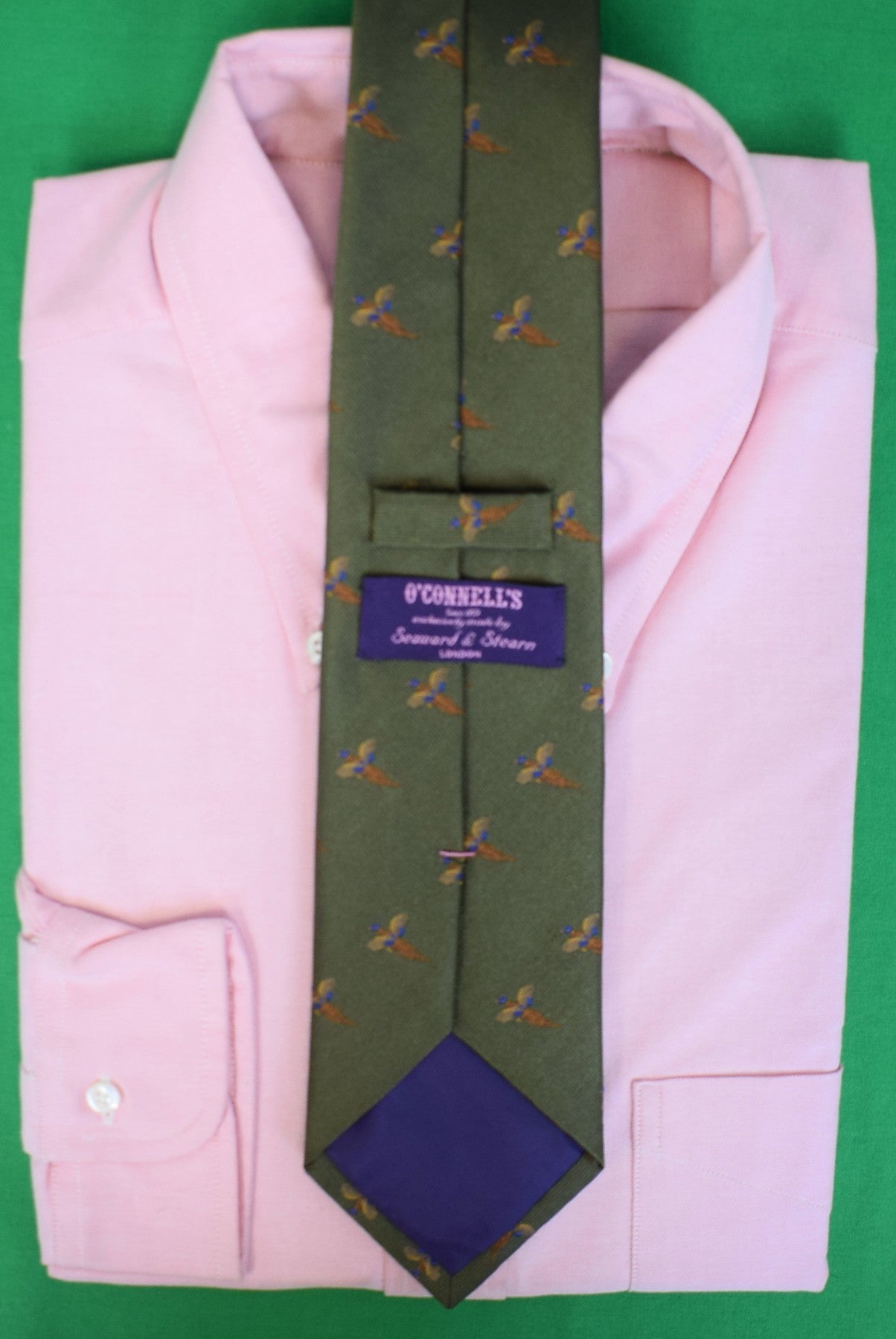 "O’Connell's x Seaward & Stearn Olive Pheasant Print English Silk Club Tie"