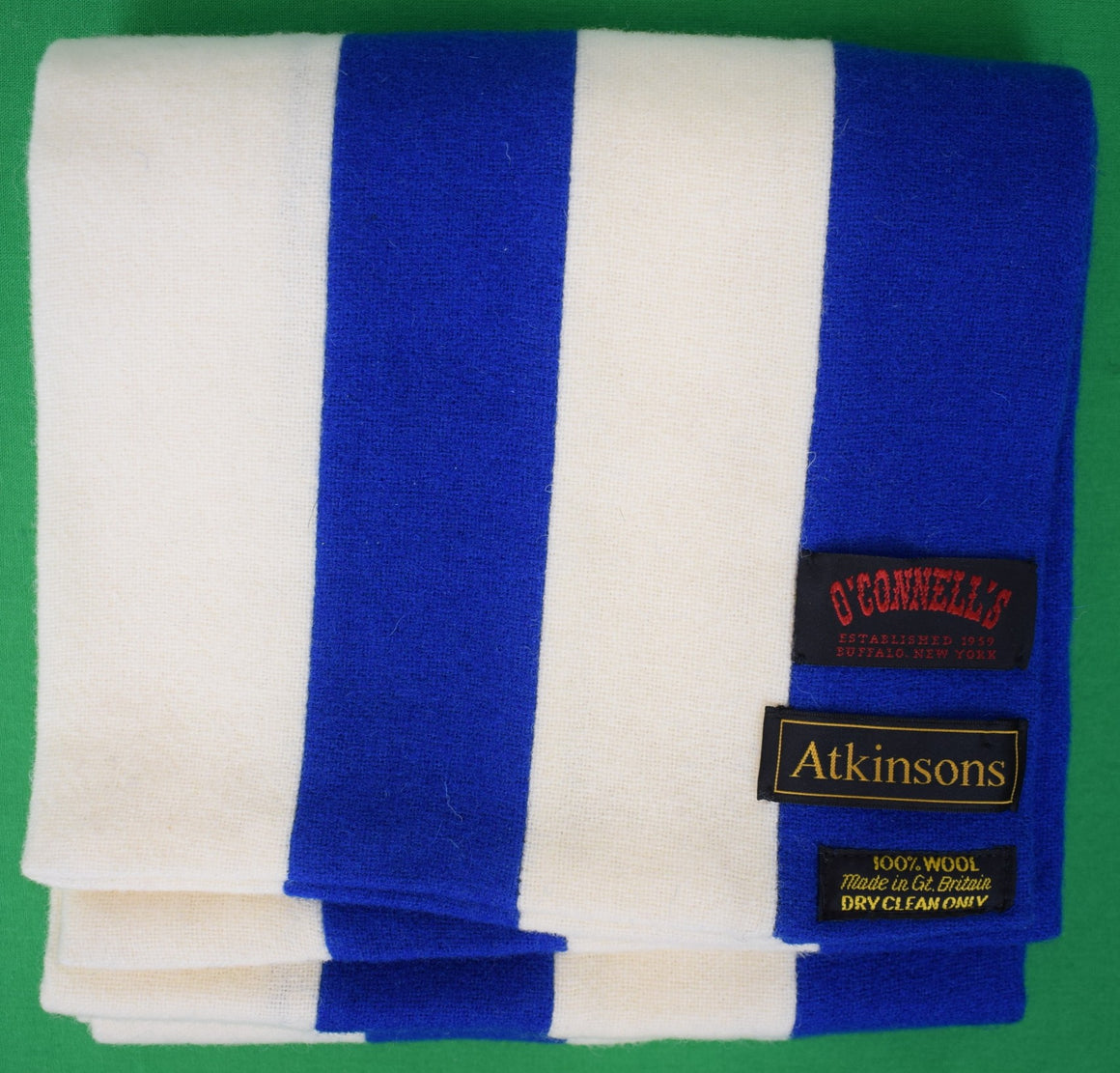 O'Connell's x Atkinsons Yale Blue/ White Stripe Schoolboy Wool Scarf Made In Gt. Britain