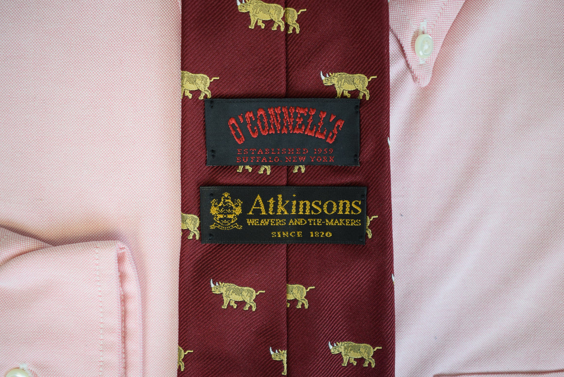 O'Connell's x Atkinsons Burgundy Silk Tie w/ Gold Rhino Print (NWOT)