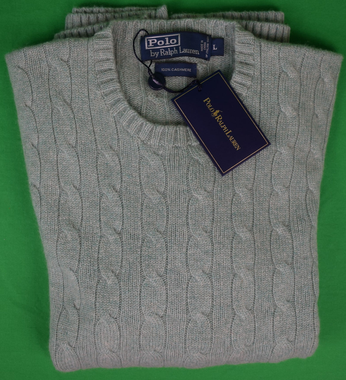 Polo Ralph Lauren Seafoam Green Cashmere Cable Crewneck Sweater Sz L (New w/ PRL Tag)