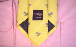 Asprey London Yellow Silk Tie w/ Lavender Floral Print (New w/ Box)