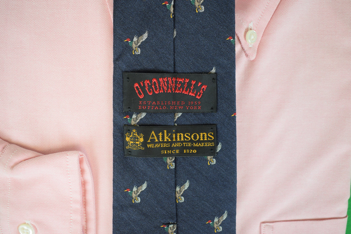 O'Connell's x Atkinsons English Navy Wool/ Silk Herringbone/ Mallard Print Club Tie