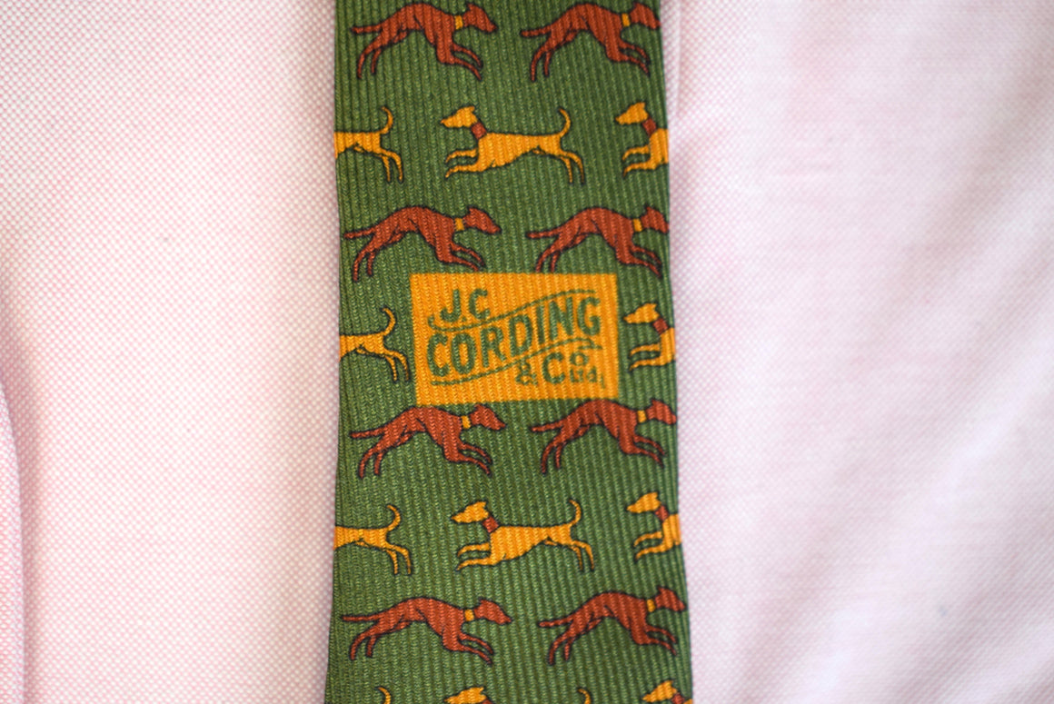 Cordings Olive English Silk Tie w/ Gold & Russet Hunting Dog Print (NWOT)