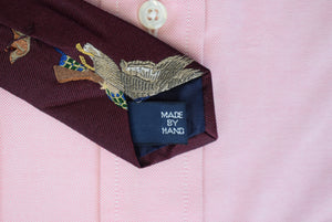 Polo Ralph Lauren Burgundy Silk Tie w/ Jacquard Cloaked Huntsman w/ Retrievers & Mallards In Flight