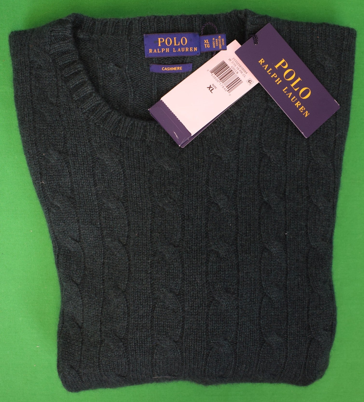 Polo Ralph Lauren Ladies Bottle Green Cashmere Cable Crew Neck Sweater Sz XL (NWT)