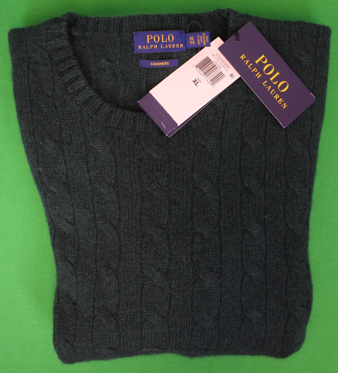 Polo Ralph Lauren Ladies Bottle Green Cashmere Cable Crew Neck Sweater Sz XL (NWT)