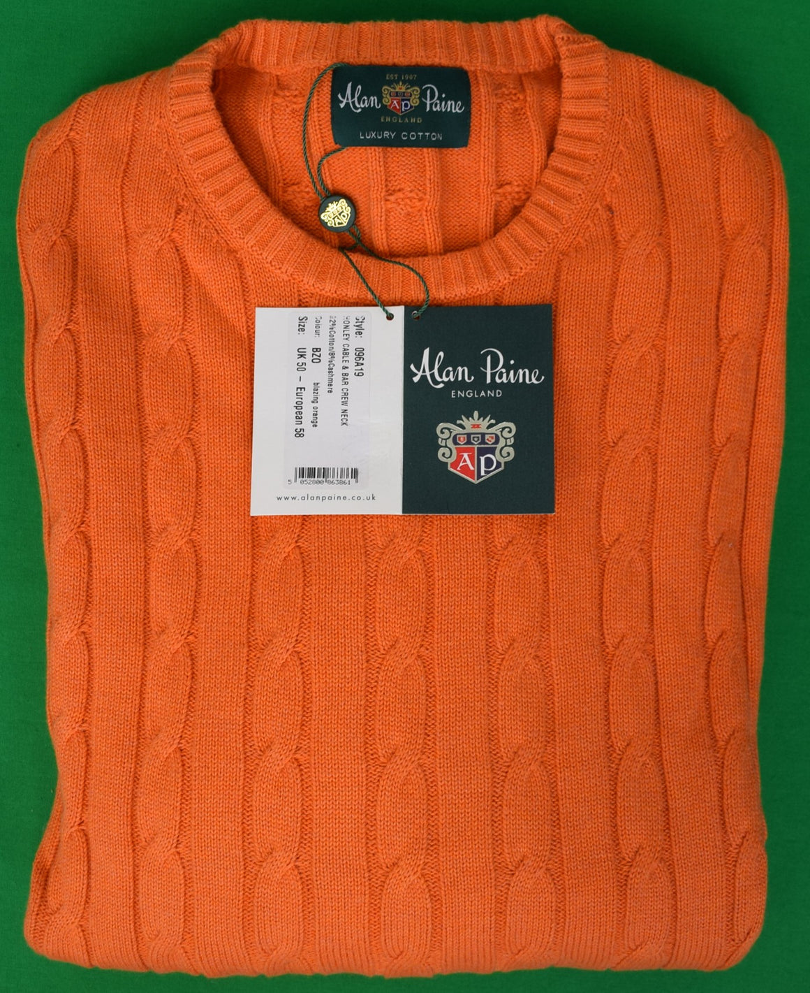 "Alan Paine England Cotton/ Cashmere Orange Cable Crewneck Sweater" Sz: XL (NWT)