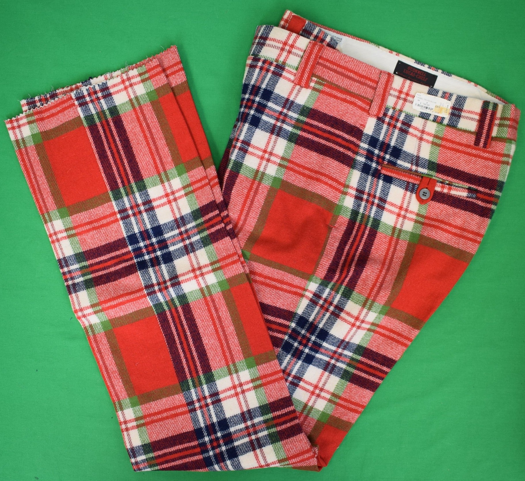 "O'Connell's Vintage Wool Red/ Blue/ White Plaid Flannel Trousers" Sz 34 (NOS)