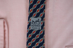 Hermes Paris Navy w/ Red/ Grey Print Silk Tie