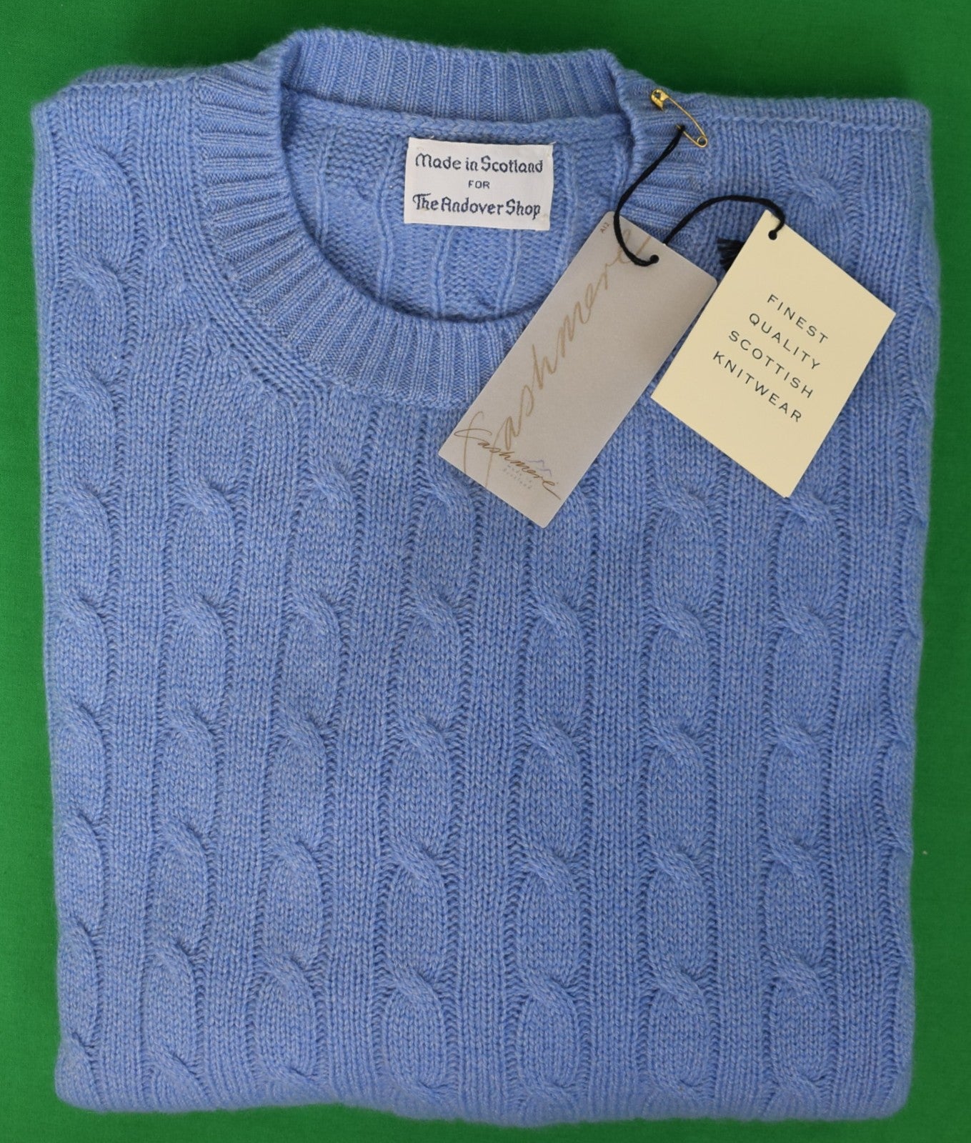 The Andover Shop Cashmere Montreux  Cable Lt Blue Crew Neck Sweater Made In Scotland Sz L (NWT)